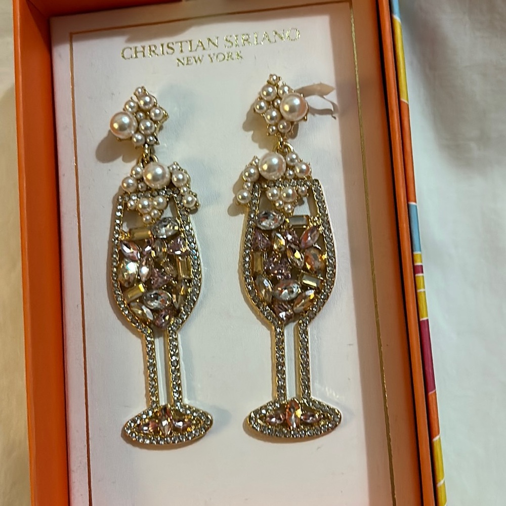 Christian Soriano Gold Tone Pierced Champagne Glass Bling Dangle Earrings NIB